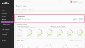 Educator account in Xello. The Reports hub is open and the Saved reports section is highlighted with 3 saved reports.